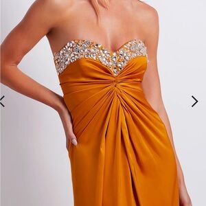 PATBO
Hand Beaded Strapless Gown in Mustard